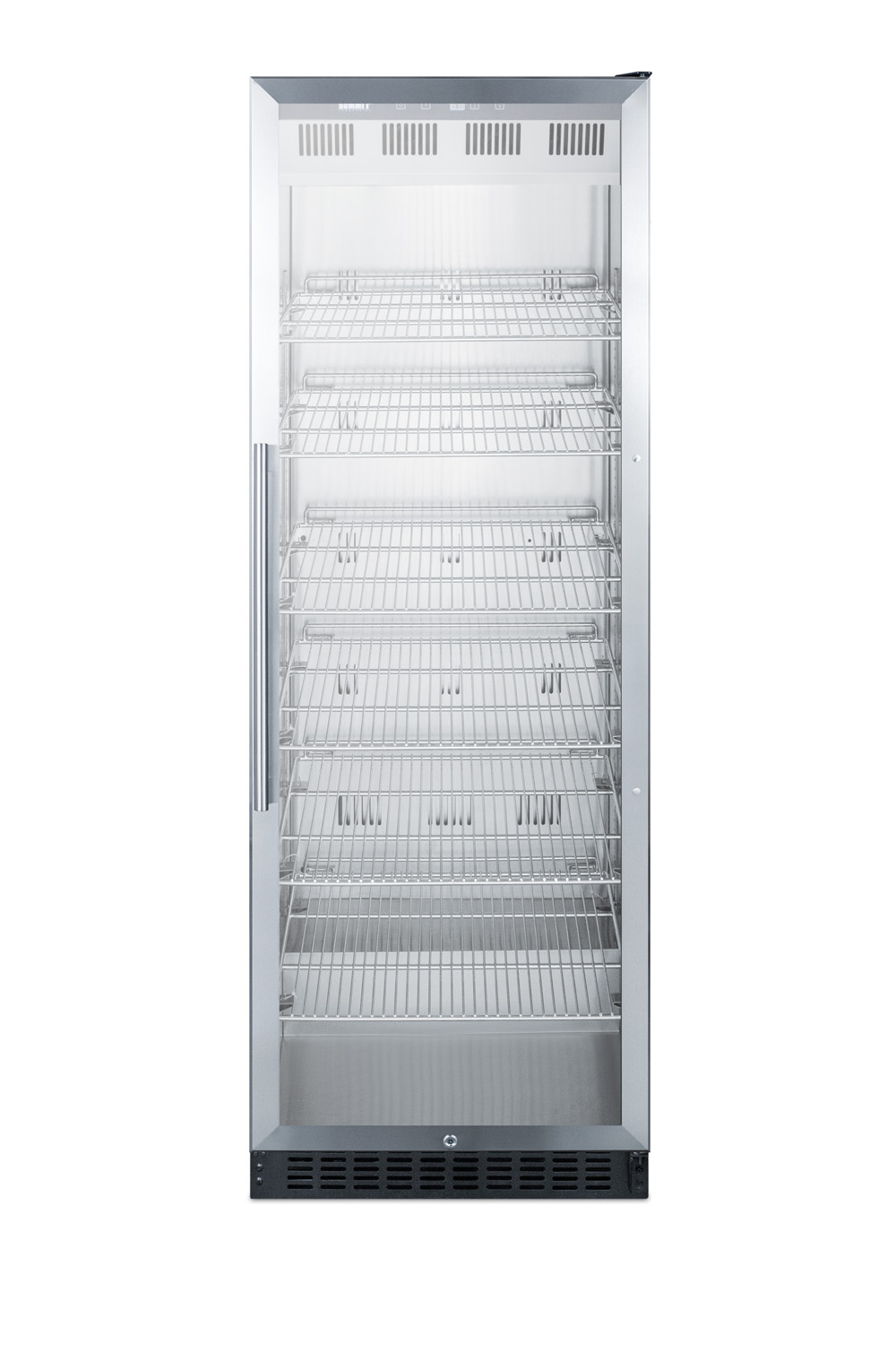 Full-size commercial beverage merchandiser designed for the display and refrigeration of beverages and sealed food, with stainless steel interior, self-closing glass door, and black cabinet